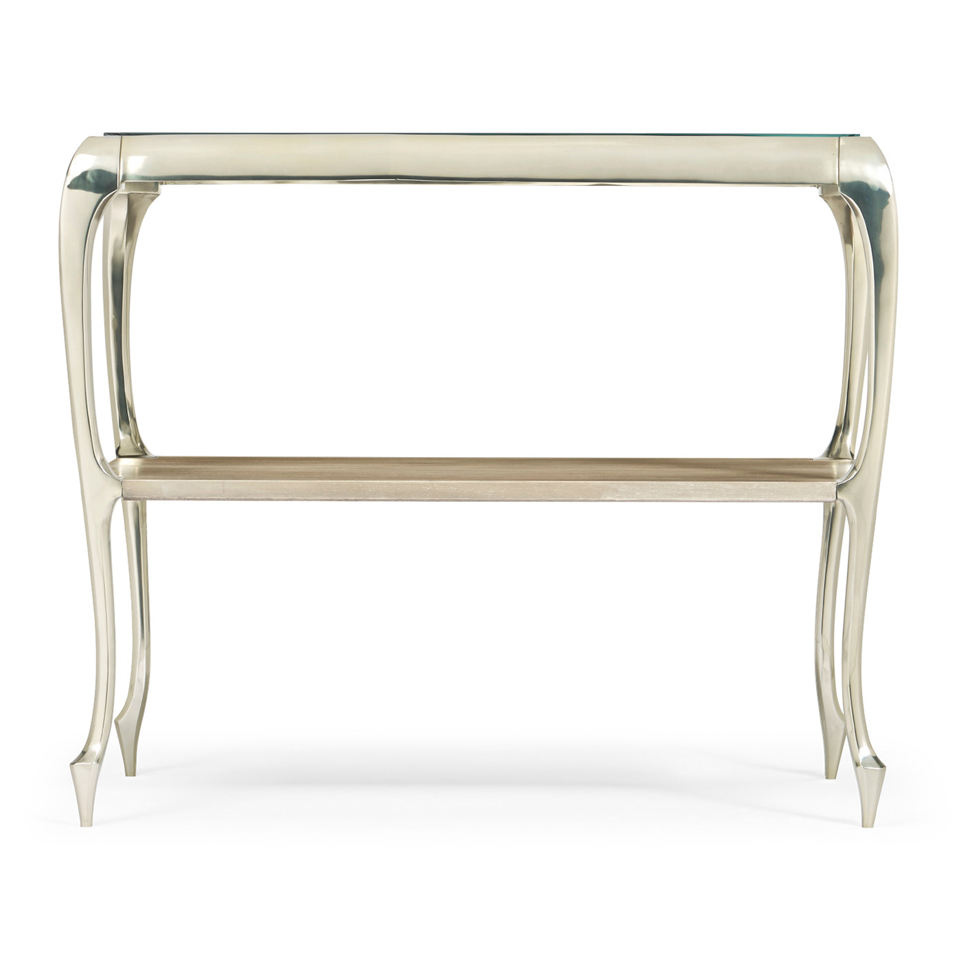 Short Rivoli Walnut & White Stainless Steel Console Table with Clear Glass Top