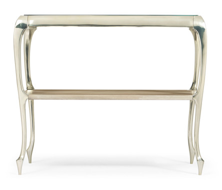Short Rivoli Walnut & White Stainless Steel Console Table with Clear Glass Top