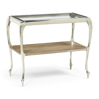 Short Rivoli Walnut & White Stainless Steel Console Table with Clear Glass Top