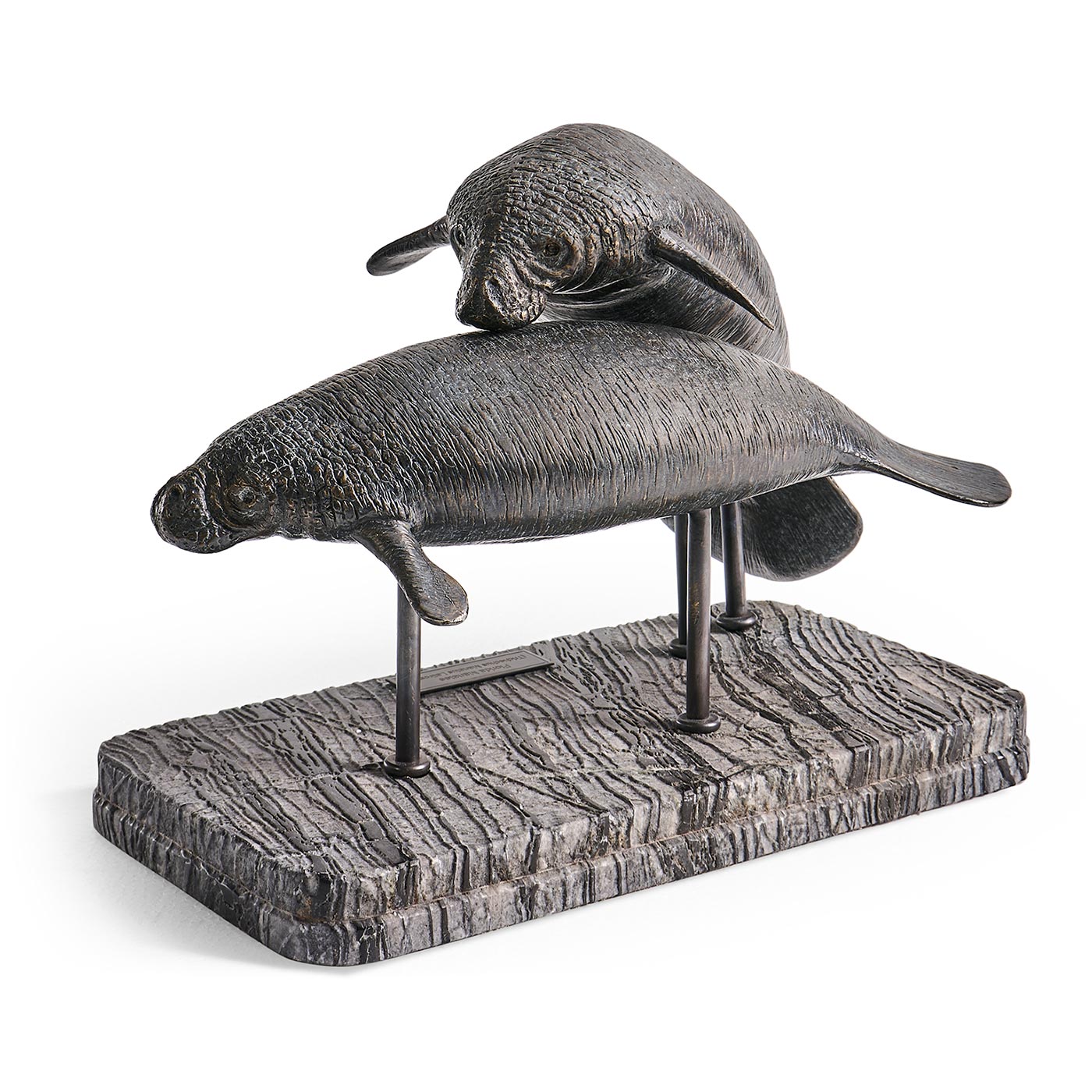 Raised Manatee Bronze Statue with Marble Base