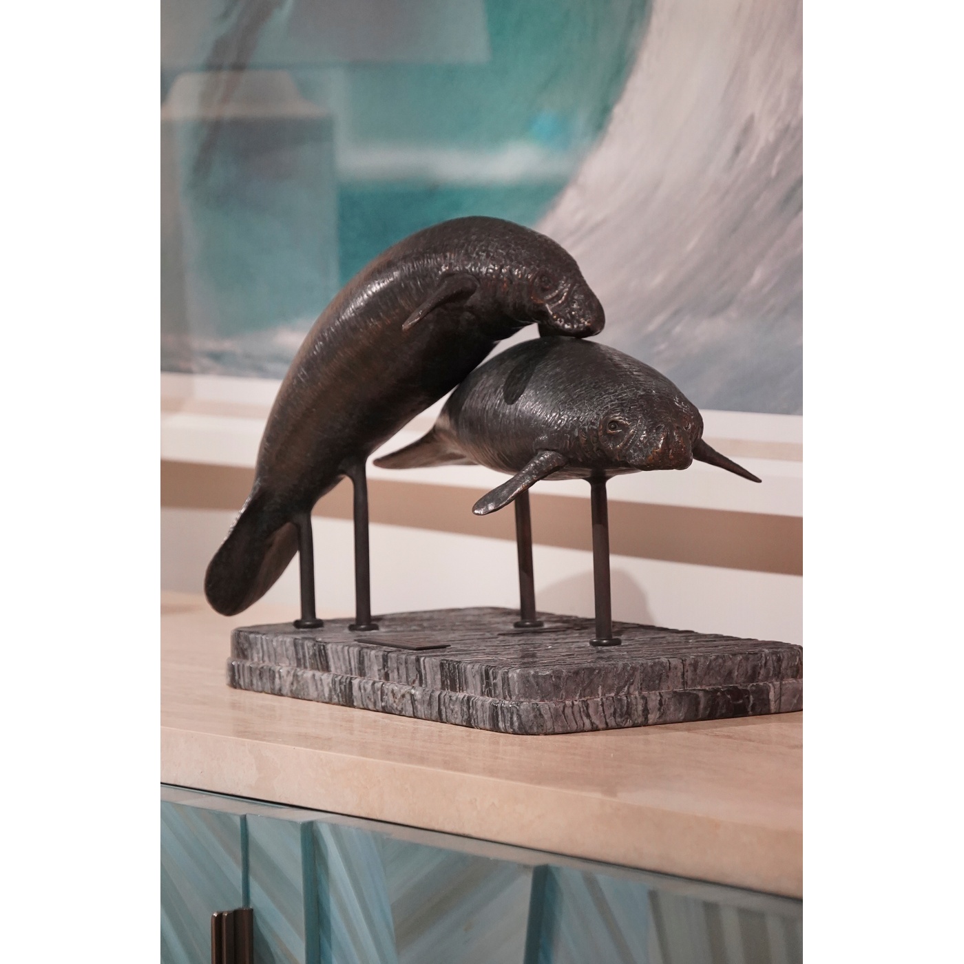 Raised Manatee Bronze Statue with Marble Base