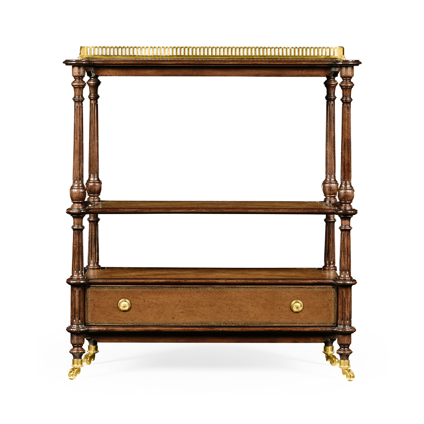 Mahogany, brass and leather inlaid 3-tier étagère with drawer