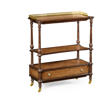 Mahogany, brass and leather inlaid 3-tier étagère with drawer