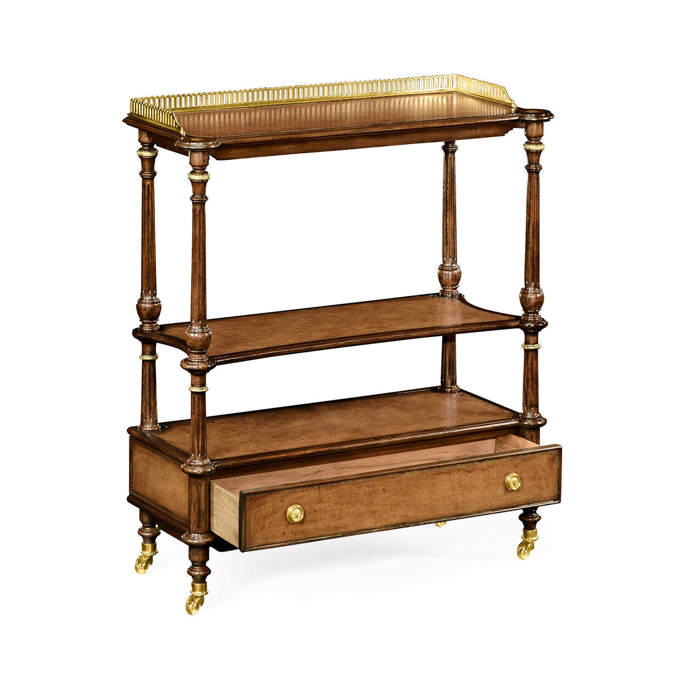 Mahogany, brass and leather inlaid 3-tier étagère with drawer