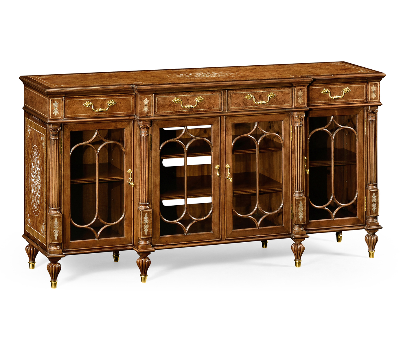 Burl & mother of pearl glazed display/entertainment cabinet