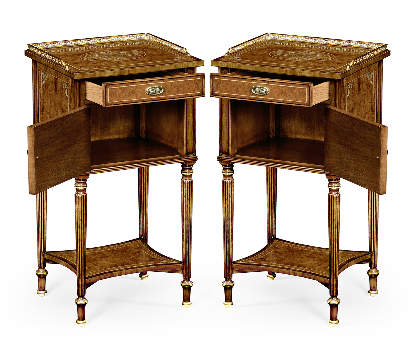 Pair of Burl & Mother of Pearl Bedside Cabinets with Undertier