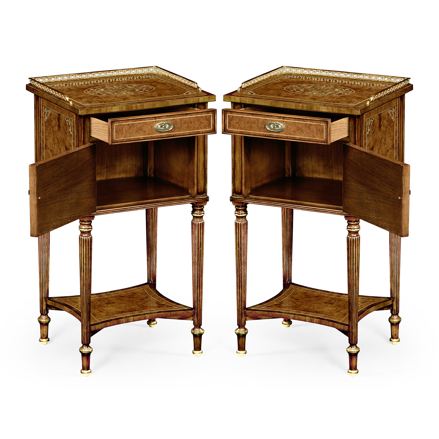 Pair of Burl & Mother of Pearl Bedside Cabinets with Undertier
