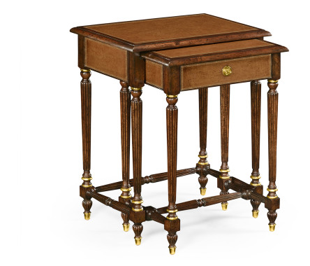 Mahogany & Leather Inlaid Nest of Tables with Drawer
