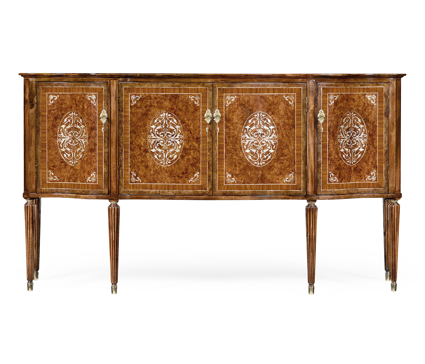 Burl and mother of pearl inlaid serpentine sideboard