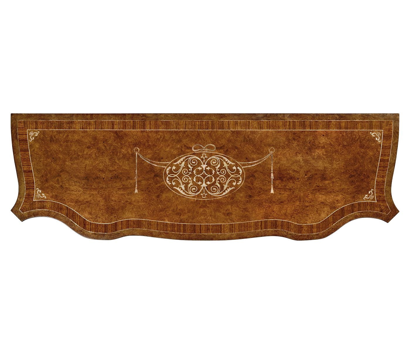 Burl and mother of pearl inlaid serpentine sideboard