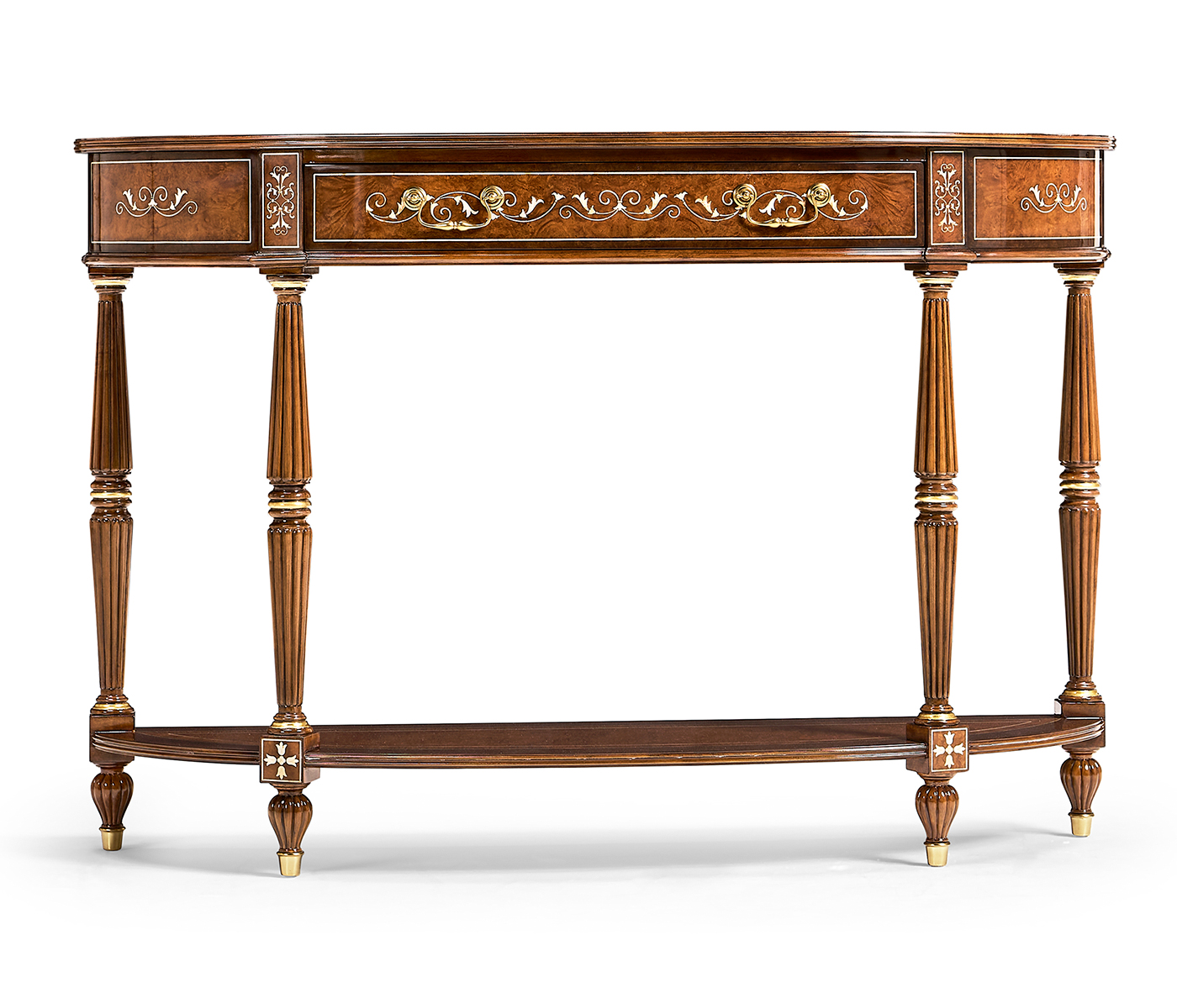 Burl and mother of pearl inlaid demilune console