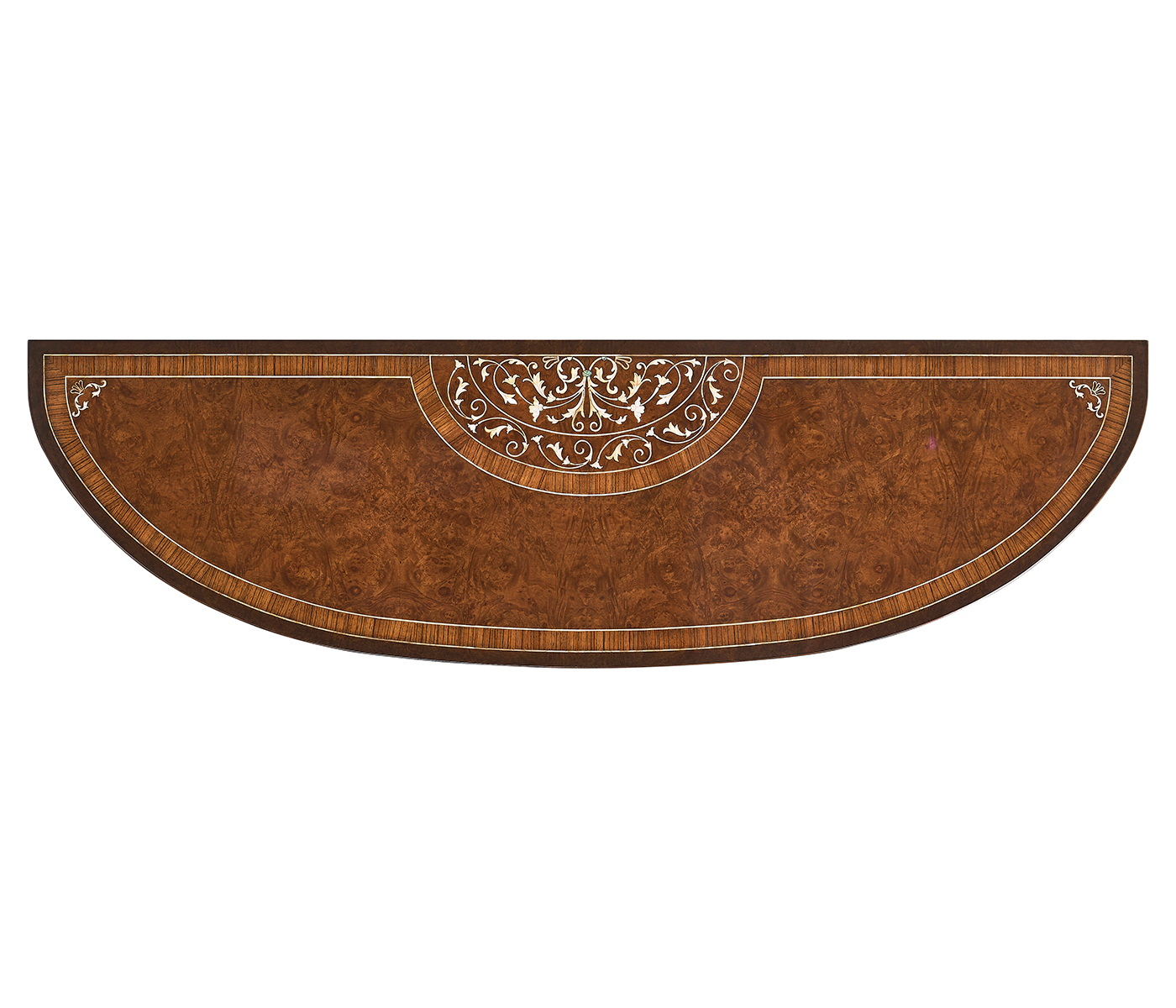Burl and mother of pearl inlaid demilune console