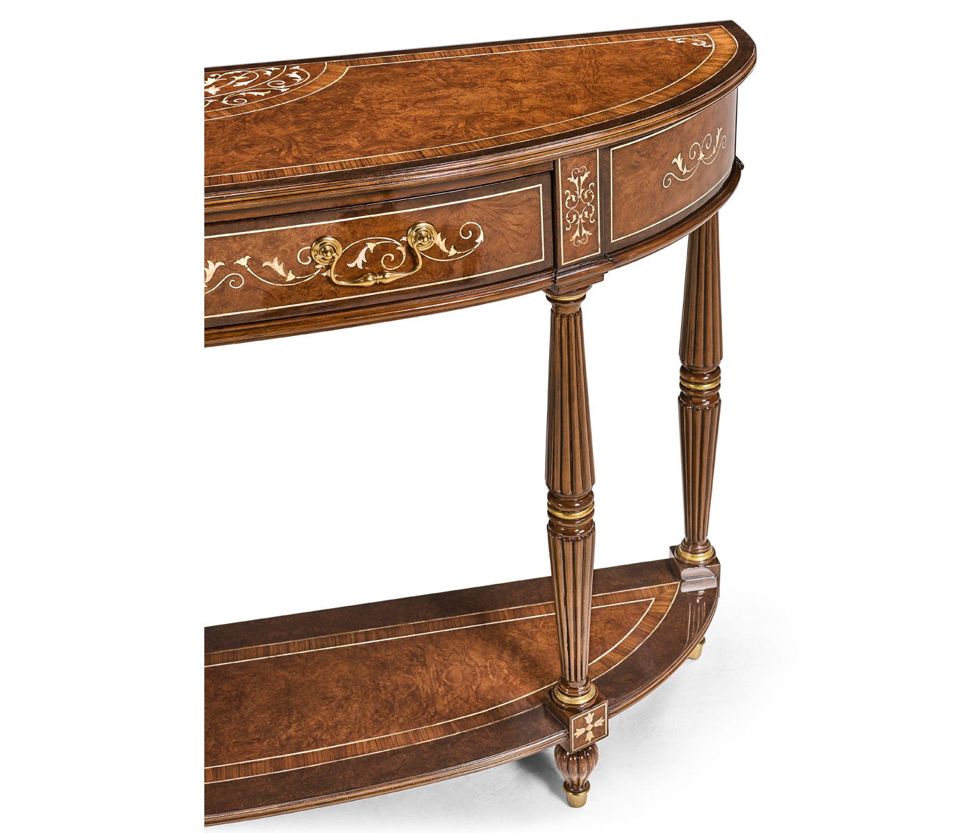 Burl and mother of pearl inlaid demilune console
