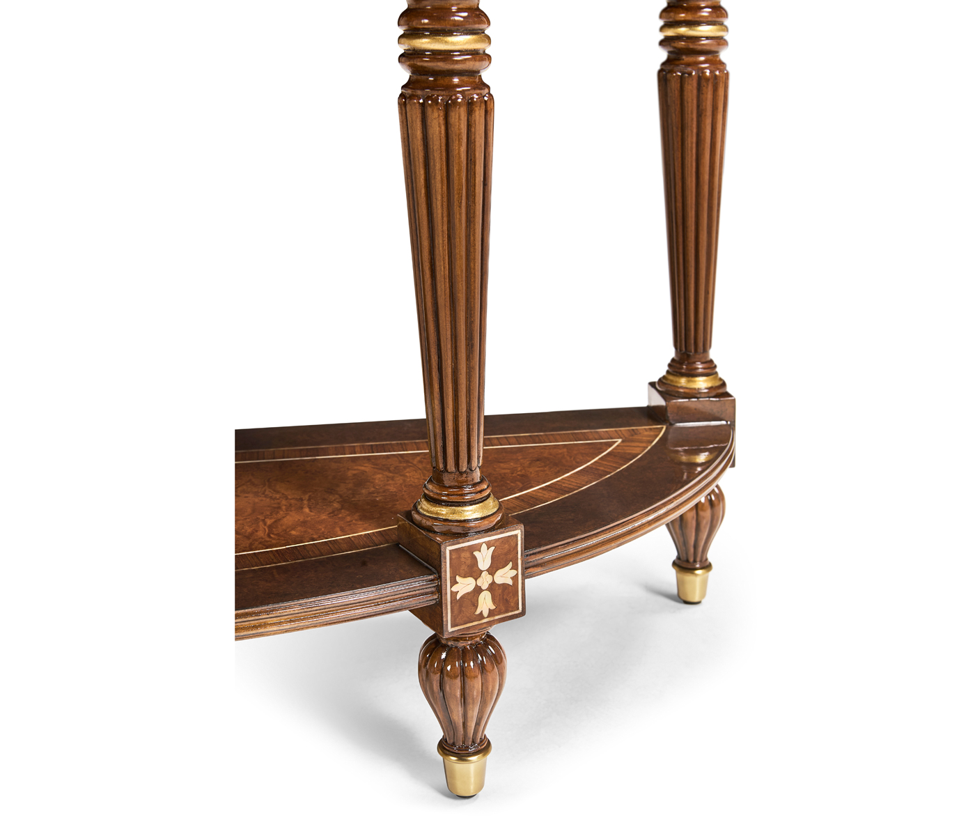 Burl and mother of pearl inlaid demilune console