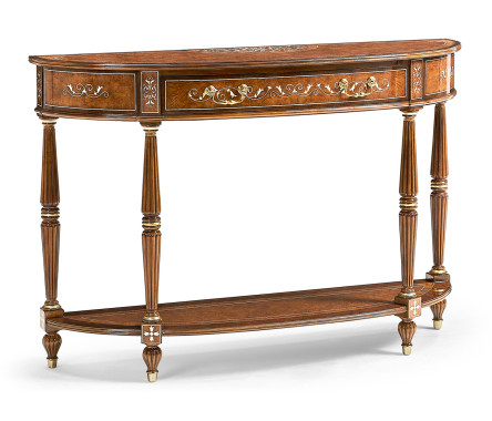 Burl and mother of pearl inlaid demilune console