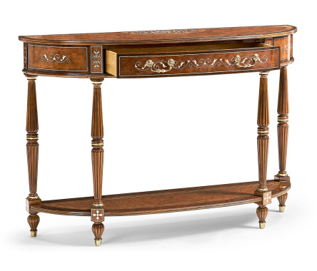 Burl and mother of pearl inlaid demilune console