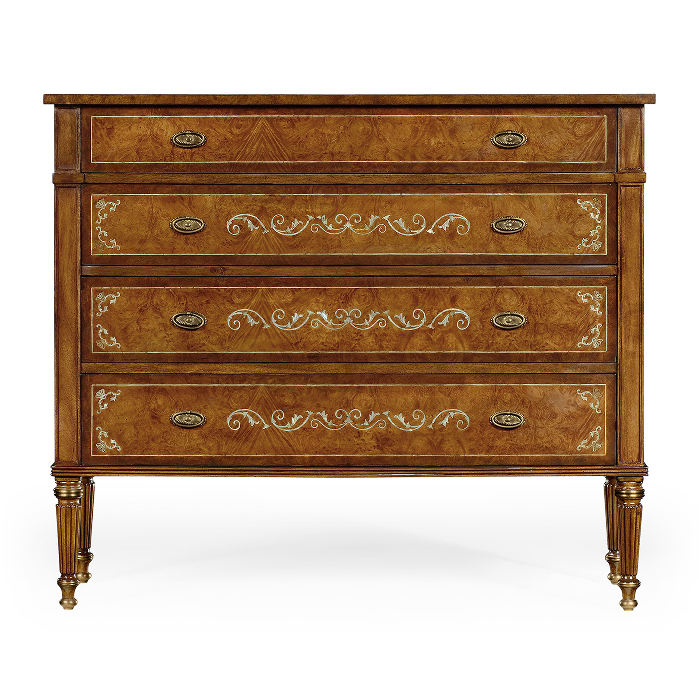 Burl and mother of pearl inlaid chest of drawers