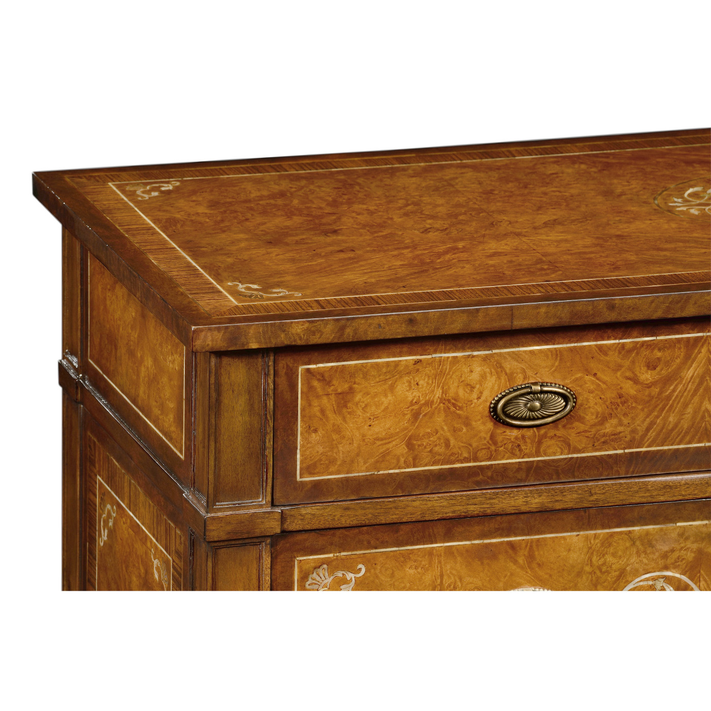 Burl and mother of pearl inlaid chest of drawers