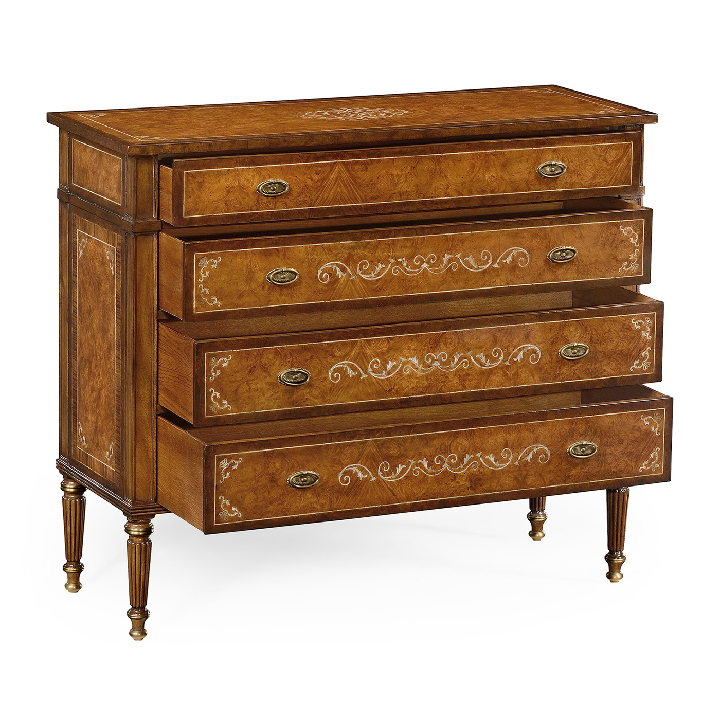 Burl and mother of pearl inlaid chest of drawers