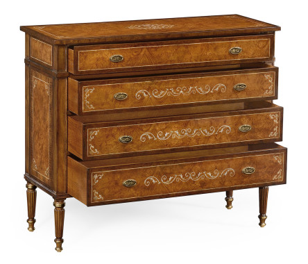 Burl and mother of pearl inlaid chest of drawers