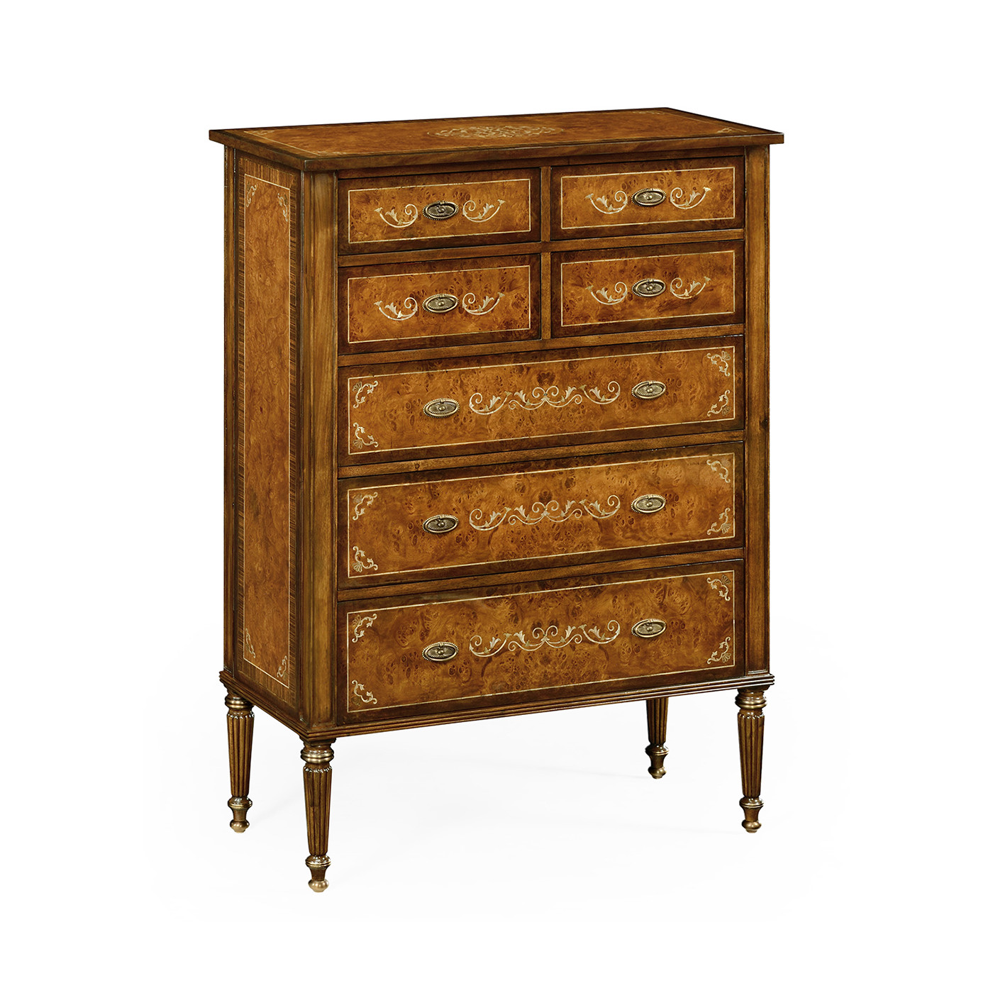 Burl & mother of pearl tall chest of drawers
