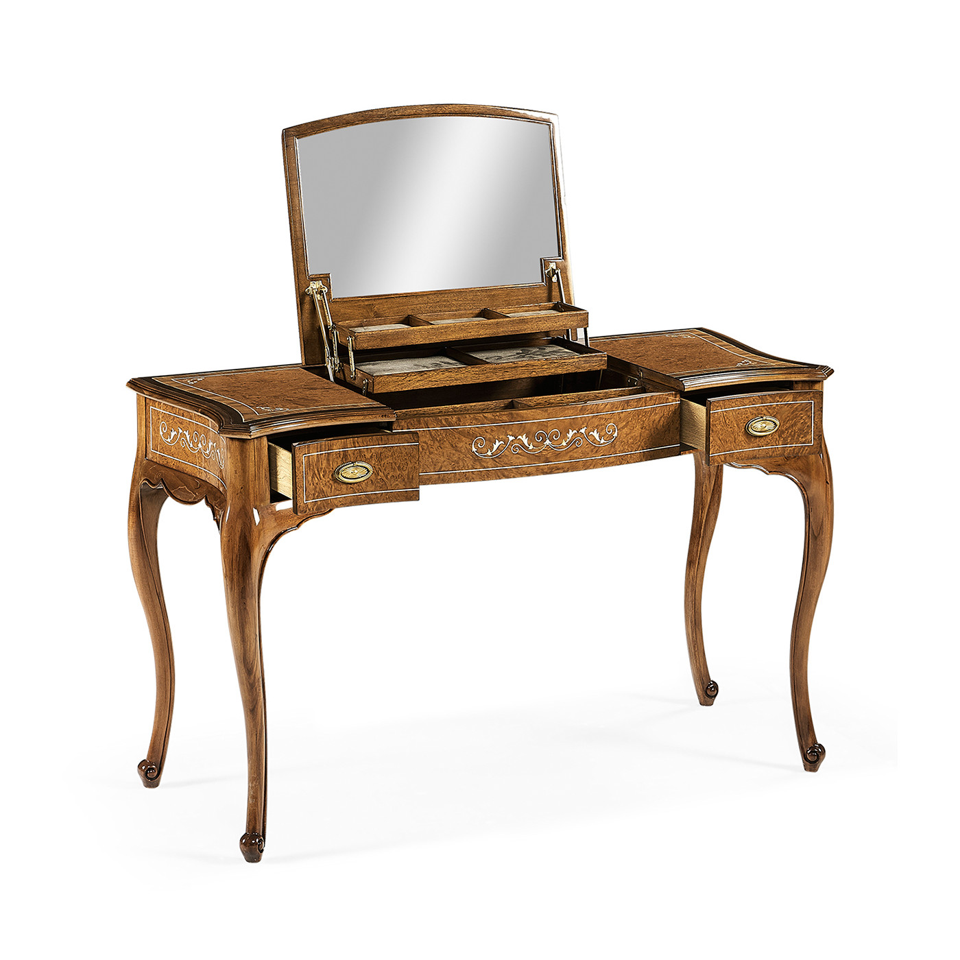 Burl & Mother of Pearl Dressing Table with Hinged Mirror