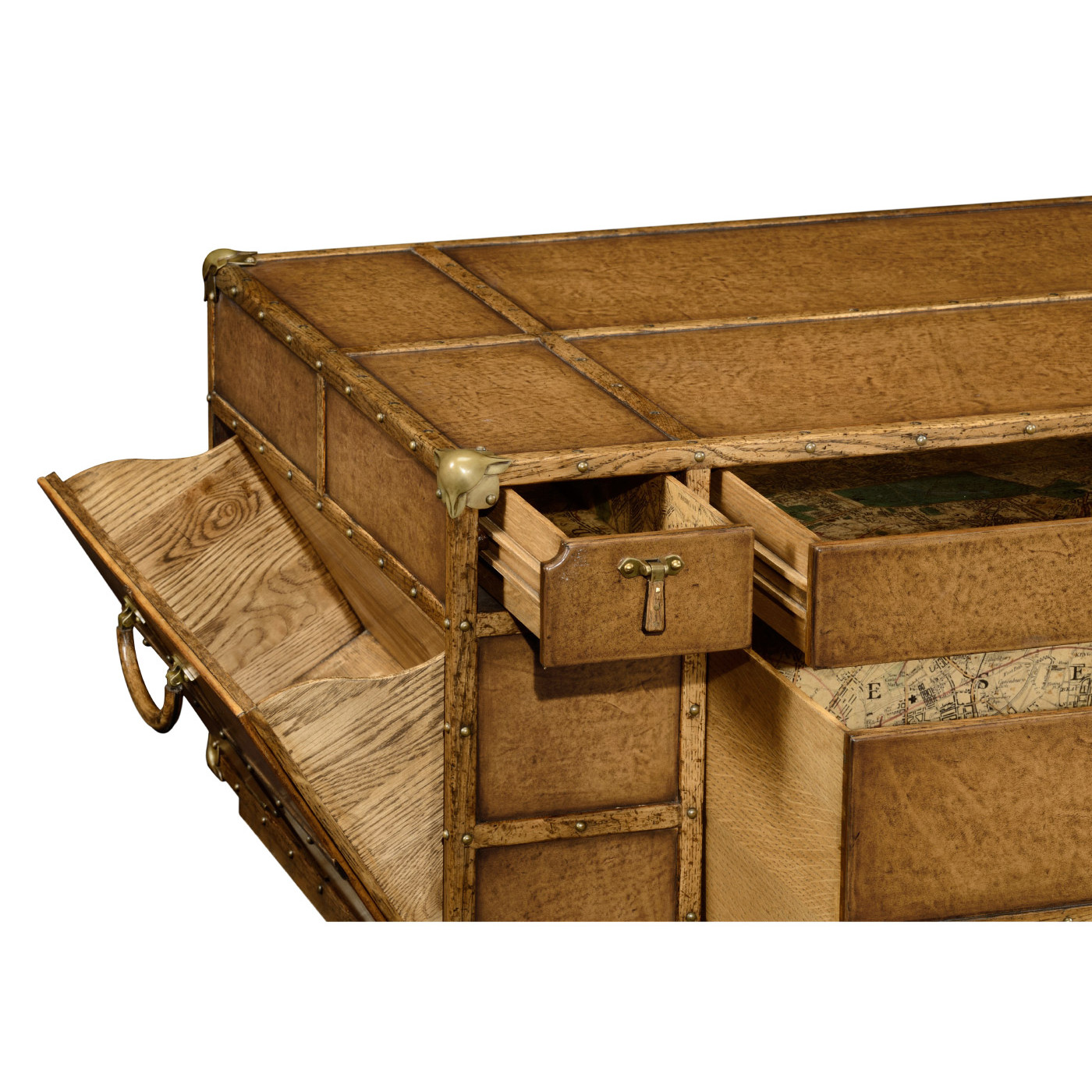 Travel trunk style coffee table with storage and brown leather