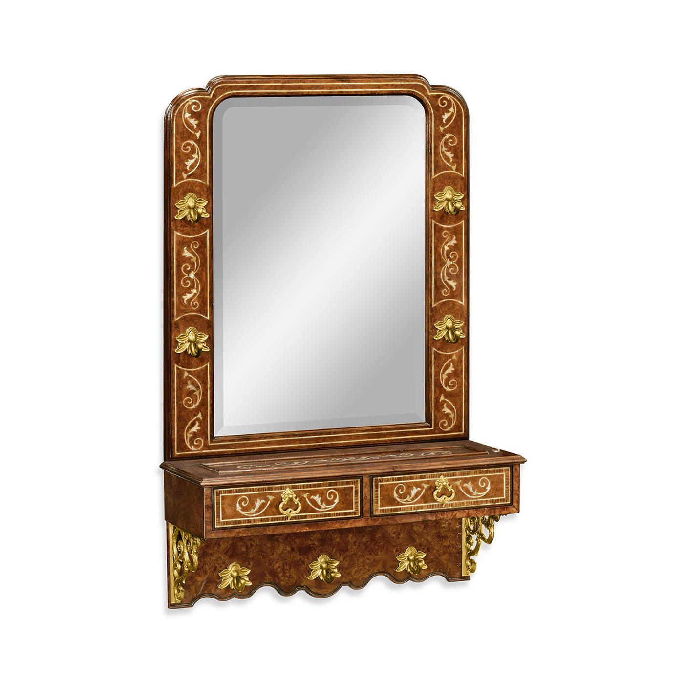 Burl and mother of pearl inlaid hall mirror