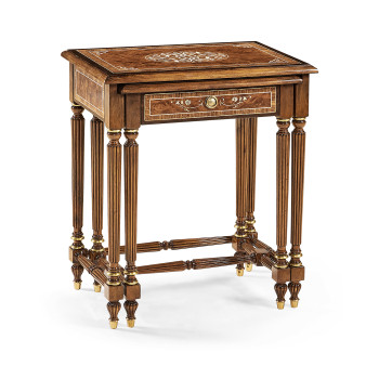 Burl and mother of pearl inlaid nest of two tables with carved legs