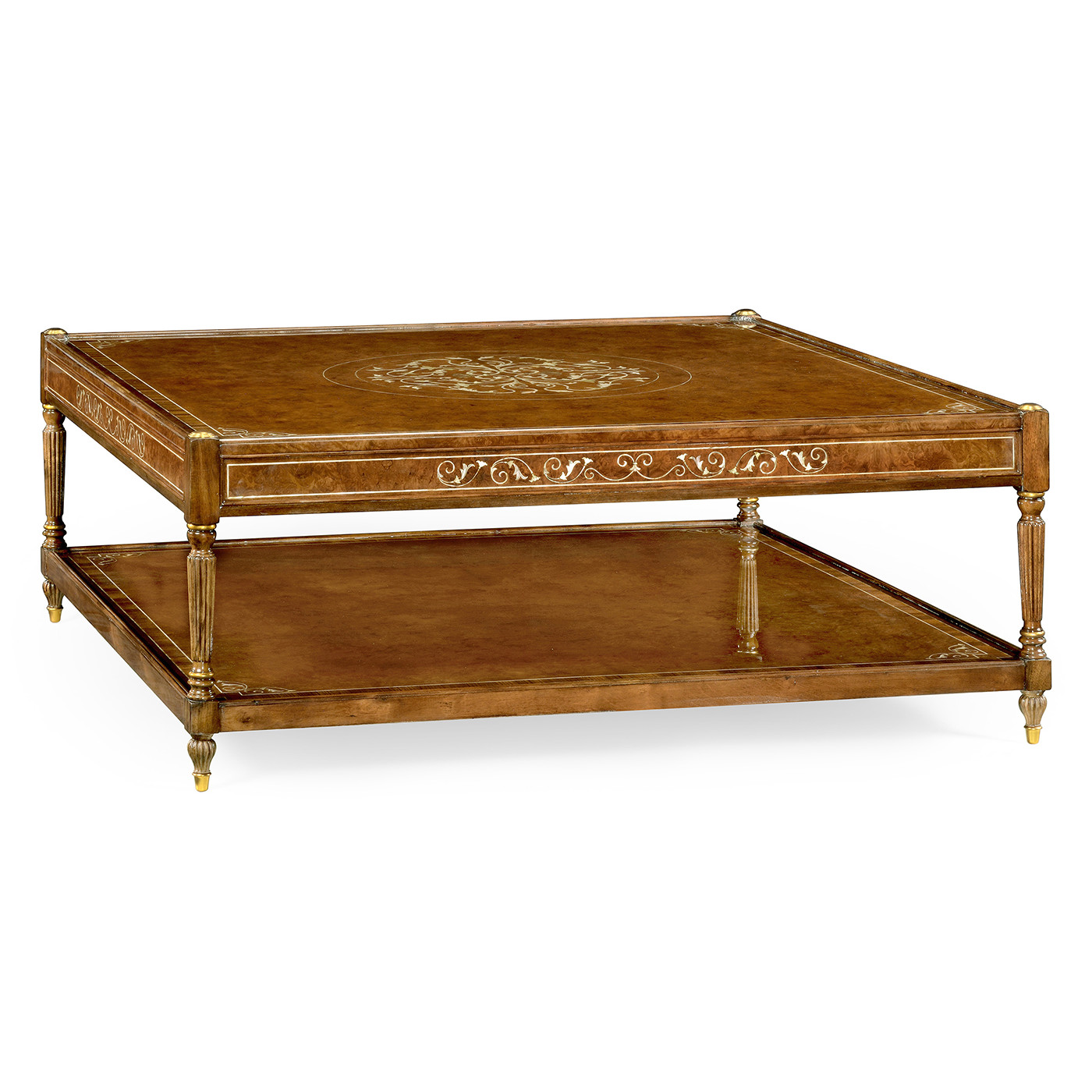 Burl and mother of pearl inlaid square coffee table