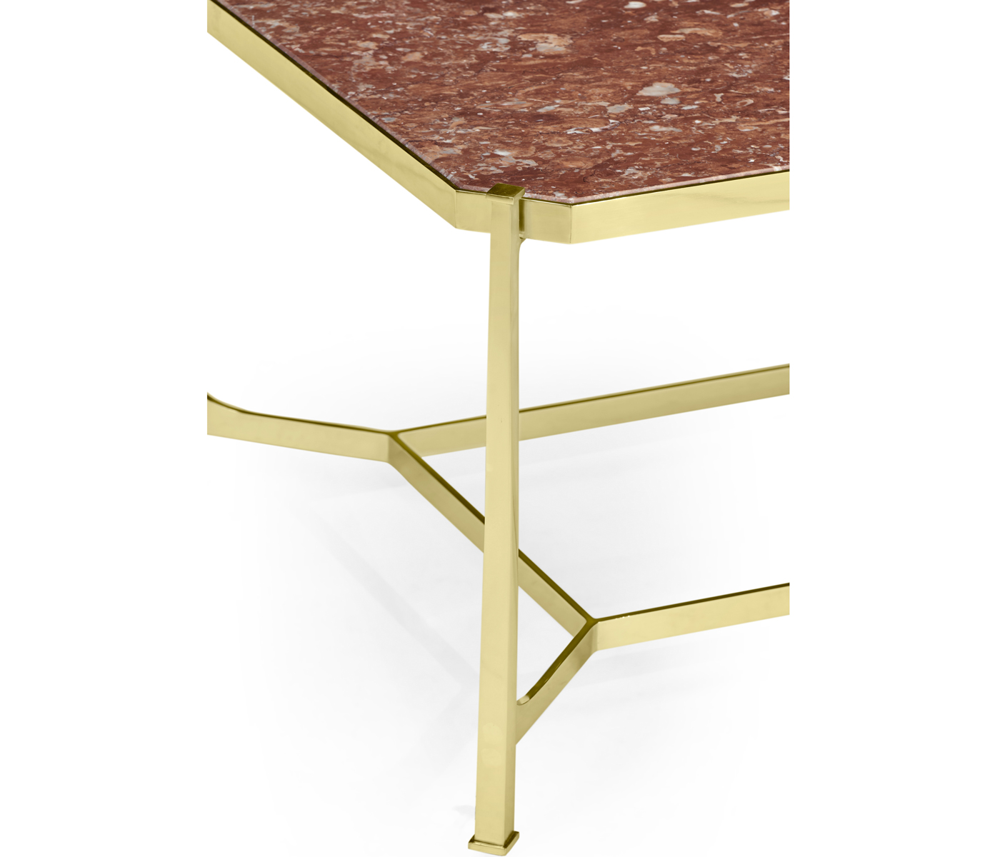 Rectangular Solid Brass & Red Brazil Marble Top Coffee Table