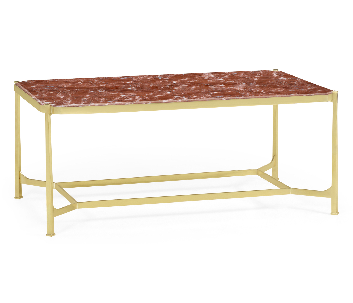 Rectangular Solid Brass & Red Brazil Marble Top Coffee Table