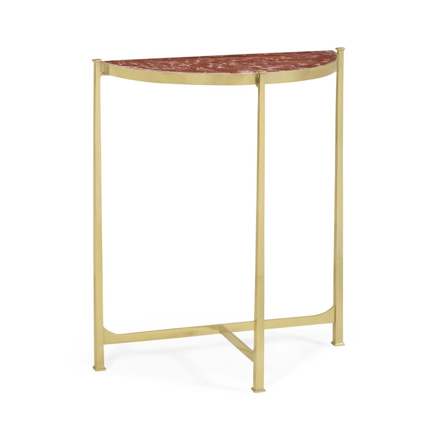 Small Solid Brass & Red Brazil Marble Top Demilune Console Table