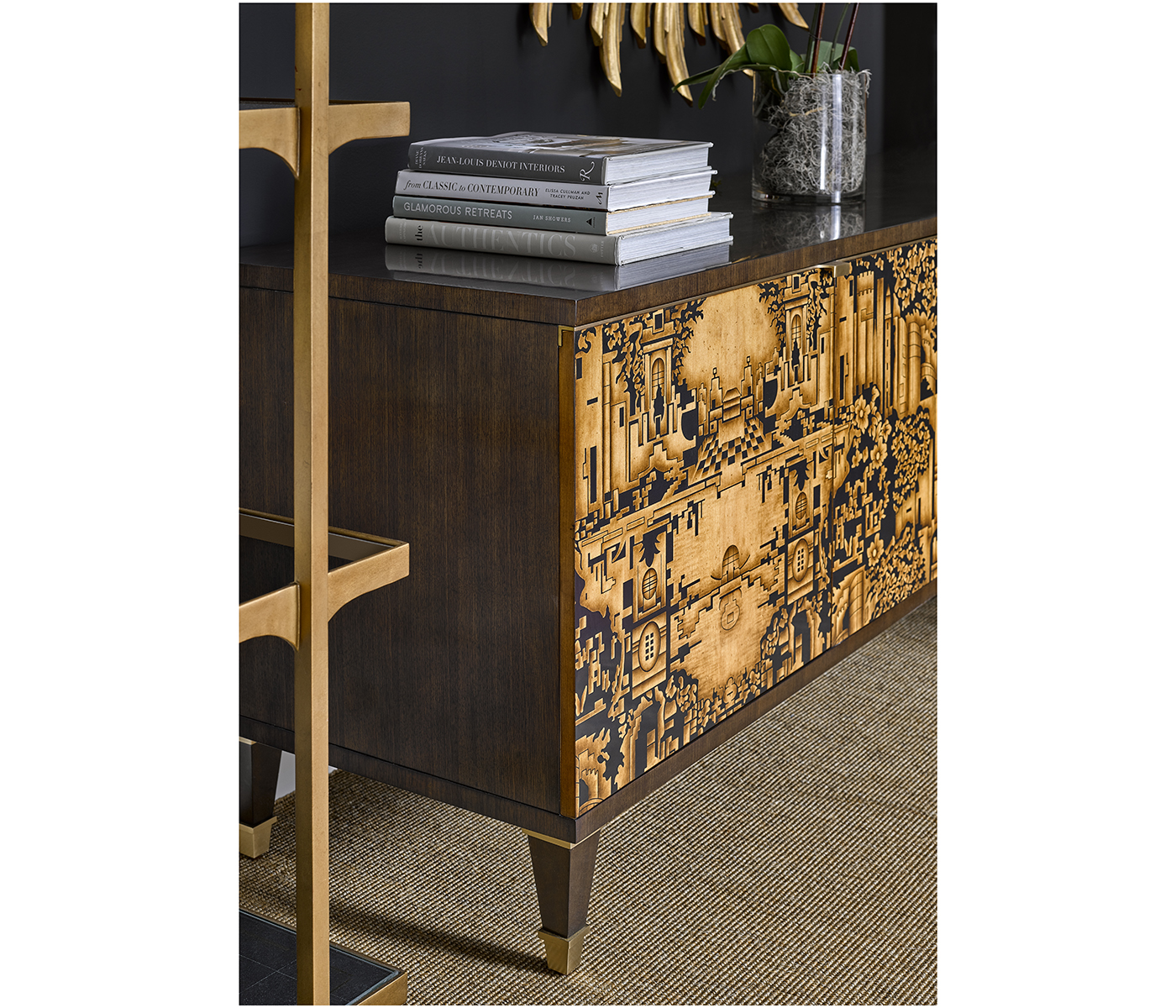 Dark Gold Walnut & Hand Painted TV Cabinet
