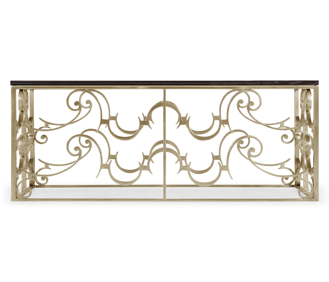 Rectangular Arabesque Silver-Leaf Iron Coffee Table with 20mm Clear Glass Top