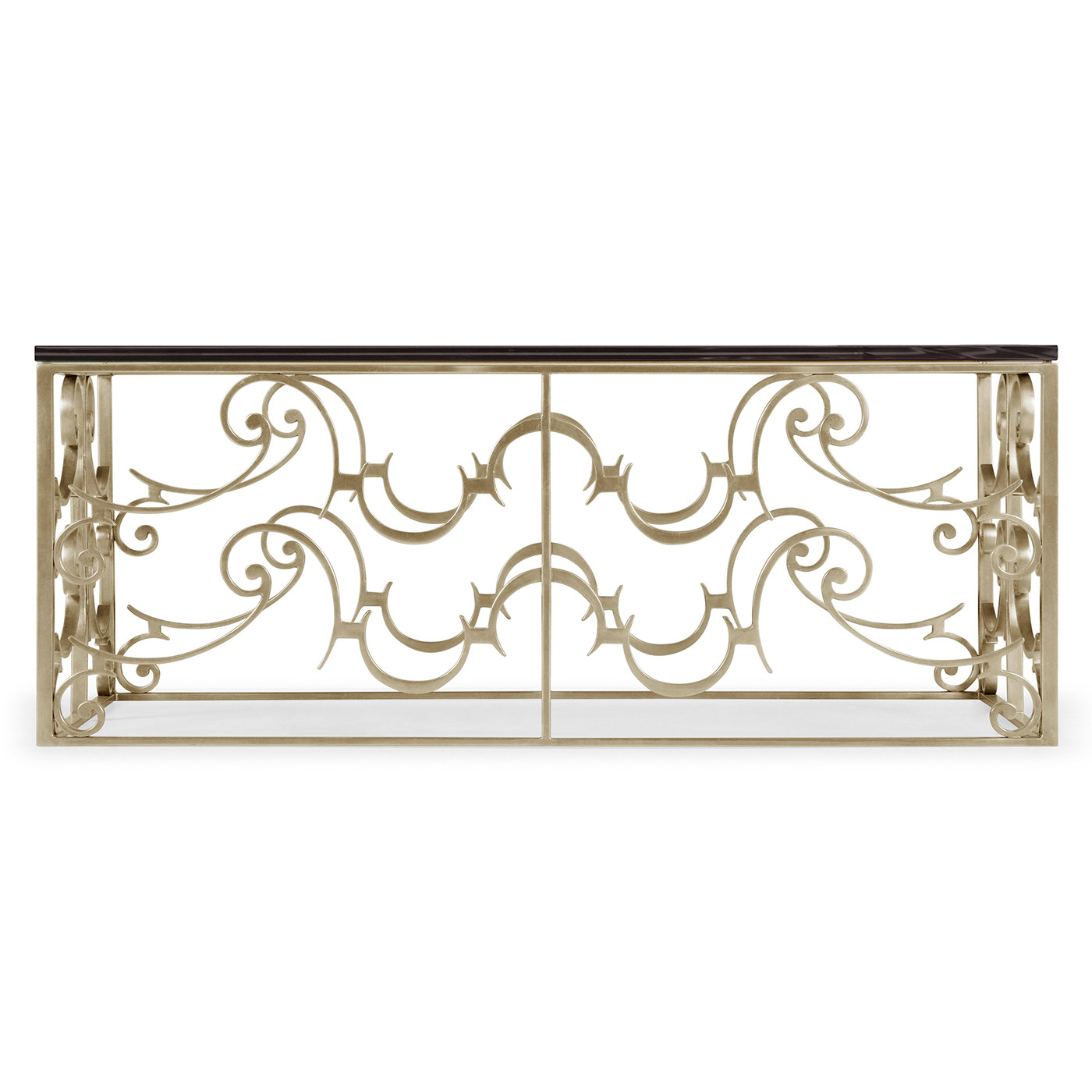 Rectangular Arabesque Silver-Leaf Iron Coffee Table with 20mm Clear Glass Top