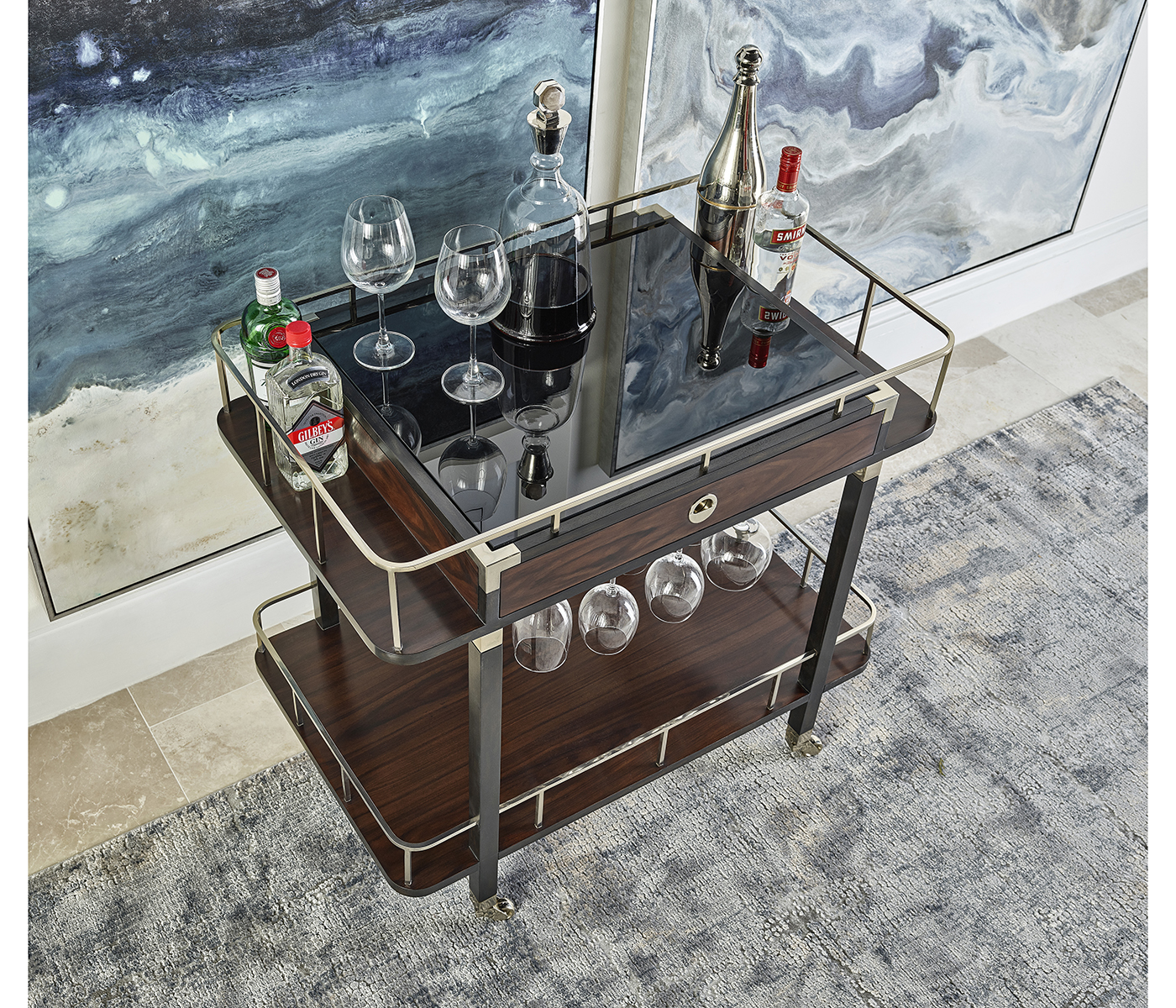 Rectangular Campaign Style Rolling Bar Cart