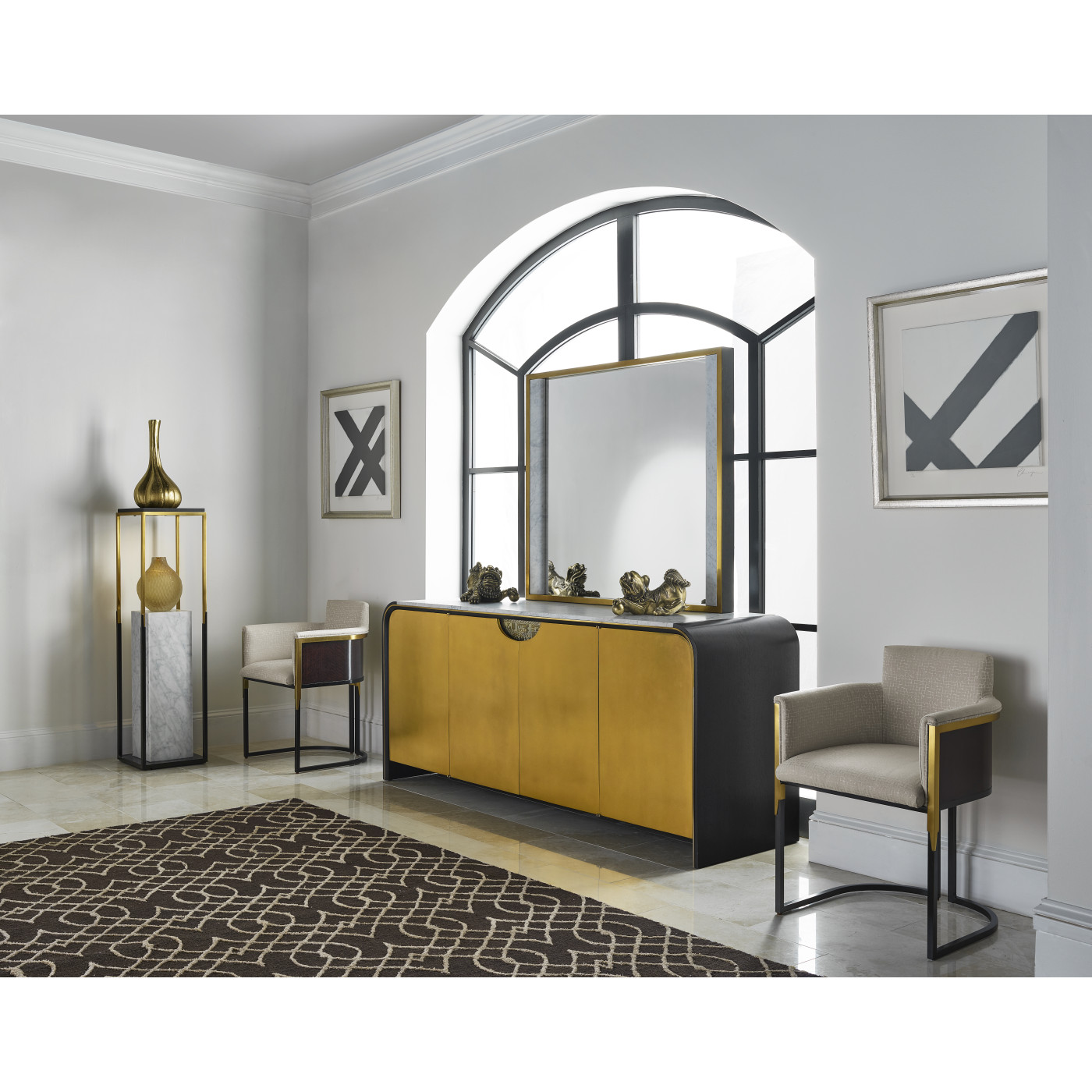 Contemporary Square Ebonised Oak & Brass Pedestal with White Calcutta Marble Centre