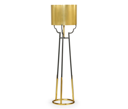 Contemporary Antique Satin Gold Brass & Black Stainless Steel Floor Lamp