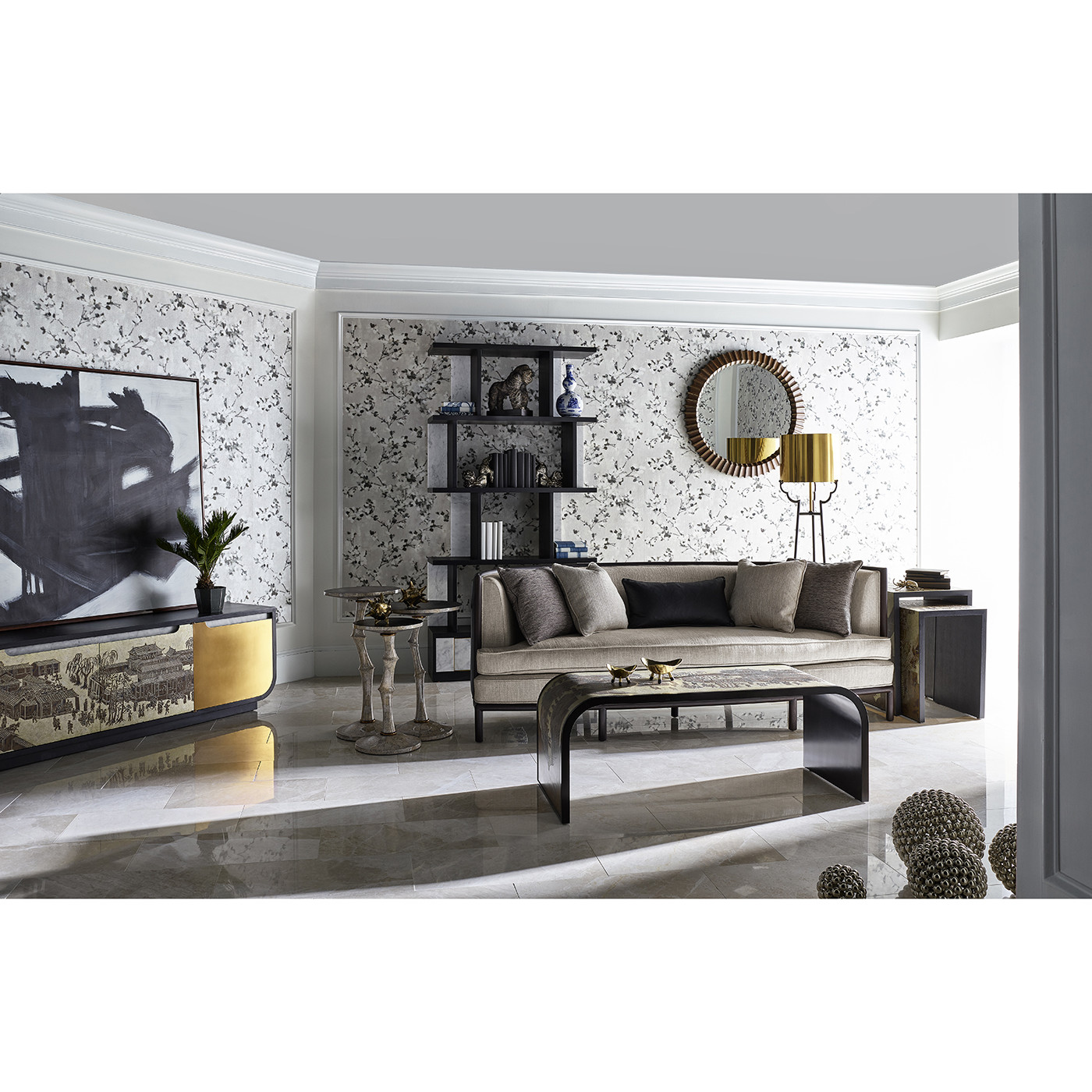 Contemporary Antique Satin Gold Brass & Black Stainless Steel Floor Lamp