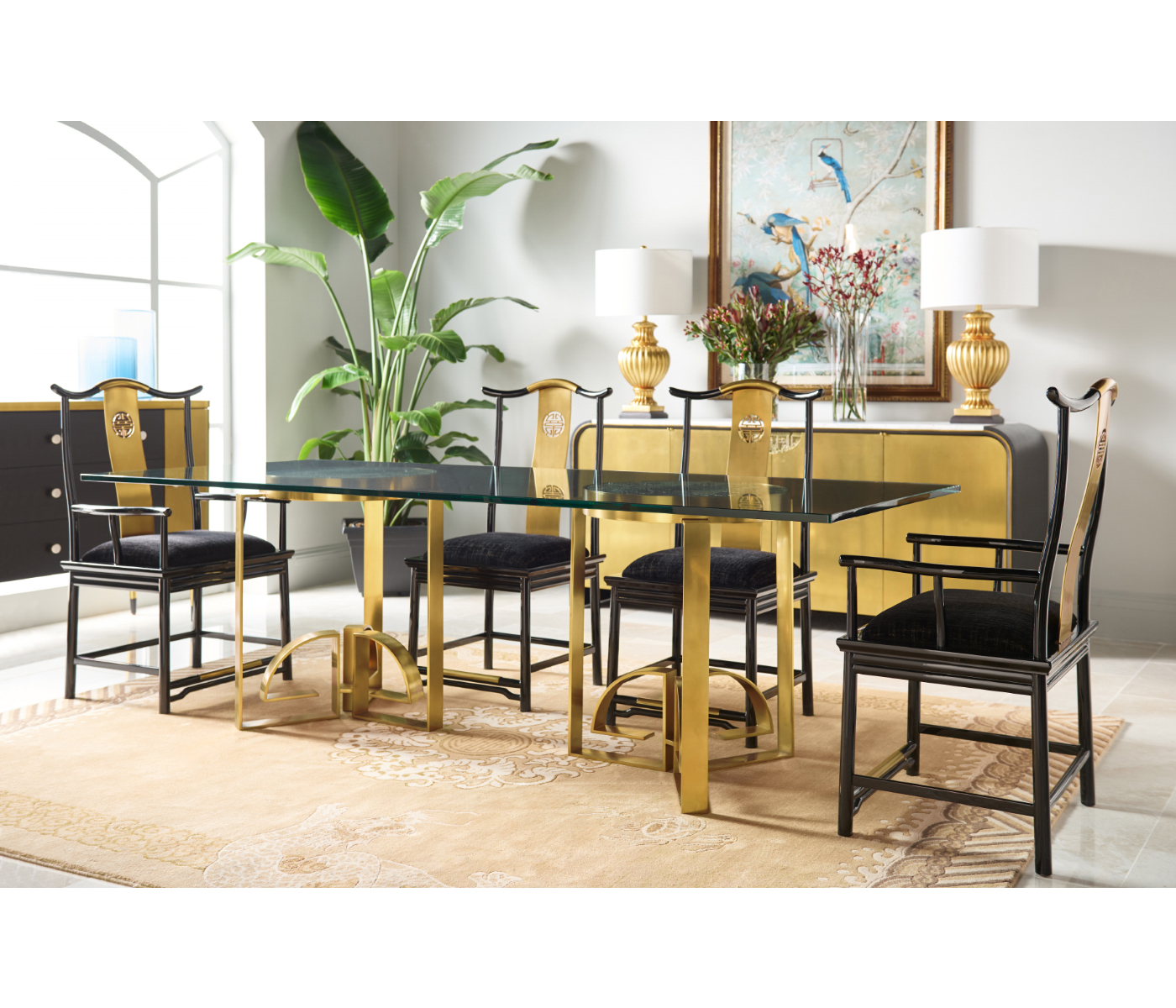 Fusion Rounded Black Gloss & Brass Dining Arm Chair
