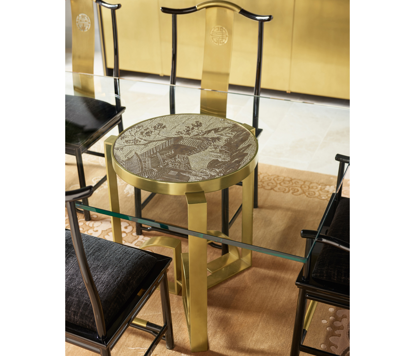 Fusion Rounded Black Gloss & Brass Dining Arm Chair