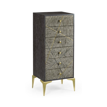 Geometric Tall Dark French Oak Chest of Six Drawers