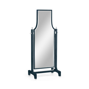 Curved Antique Blue Oak Floor Standing Mirror that Swivels