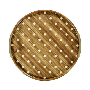 Large Circular Natural Acacia & Polka Dot Tray