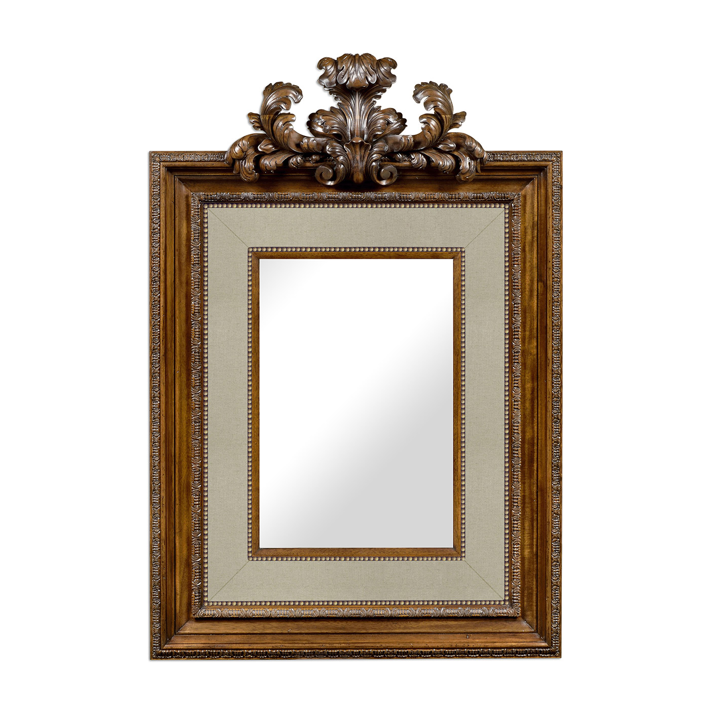 Large Carved Honey Walnut Mirror, Upholstered in MAZO