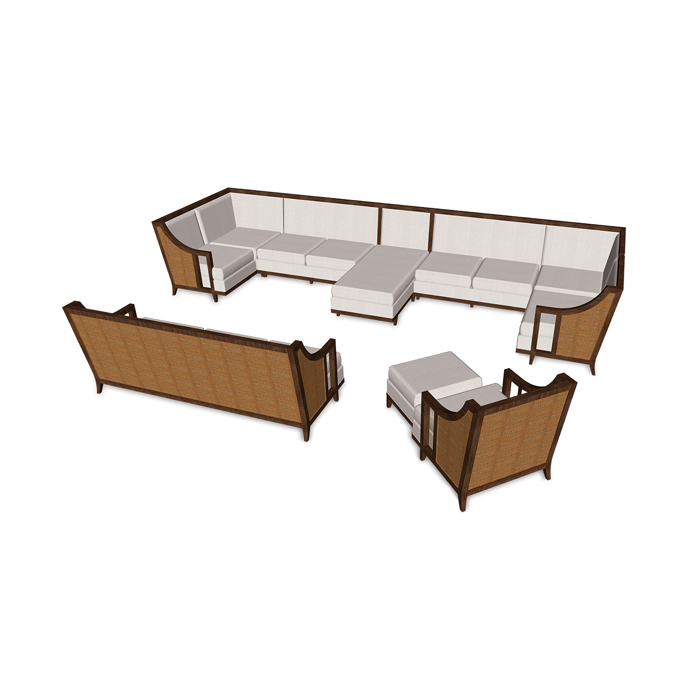 Walnut & Tan Rattan Left One-Seat Sofa Sectional 29