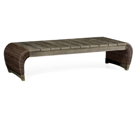 Rectangular Grey & Rattan Cocktail Table with Curved Ends